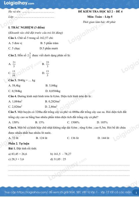 Đề số 4 - Đề kiểm tra học kì 2 - Toán lớp 5